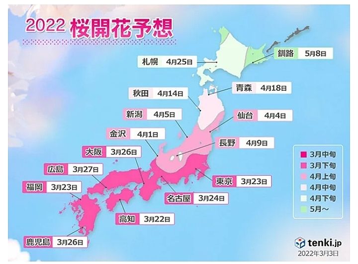 2022年桜開花予想(第4回)　東京の開花は3月23日　満開は29日
